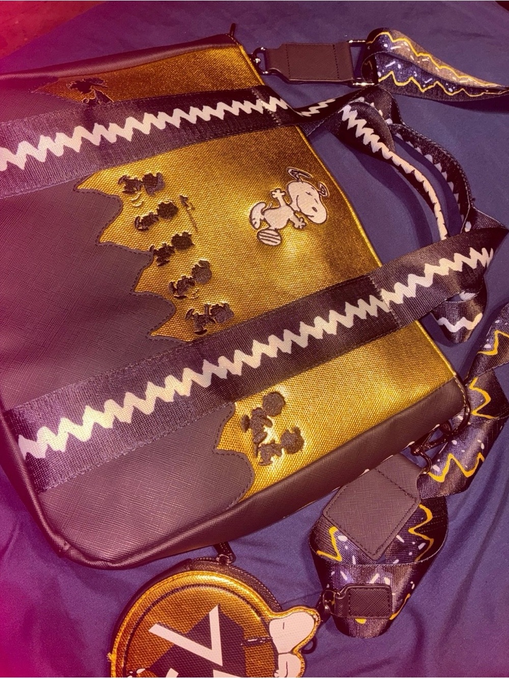 Peanuts x Designer Black & Gold Crossbody loungefly bag